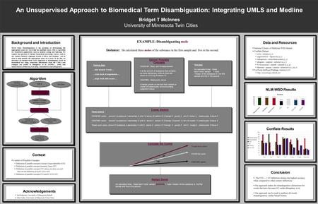 An Unsupervised Approach to Biomedical Term Disambiguation: Integrating UMLS and Medline Bridget T McInnes University of Minnesota Twin Cities Background.