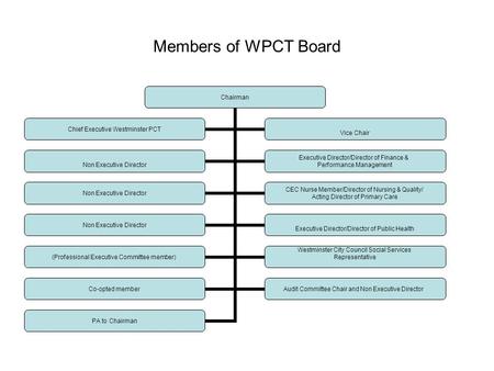Members of WPCT Board Chairman Non Executive Director Executive Director/Director of Finance & Performance Management Non Executive Director CEC Nurse.
