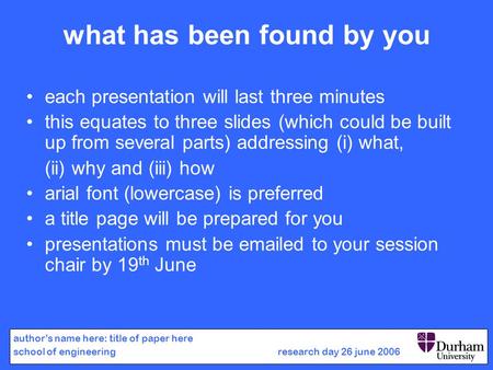 What has been found by you each presentation will last three minutes this equates to three slides (which could be built up from several parts) addressing.
