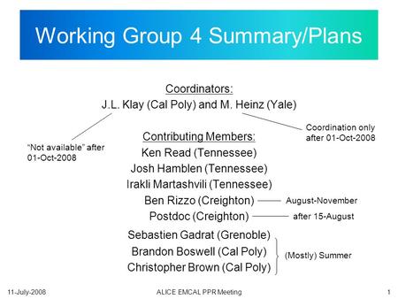 111-July-2008ALICE EMCAL PPR Meeting Working Group 4 Summary/Plans Coordinators: J.L. Klay (Cal Poly) and M. Heinz (Yale) Contributing Members: Ken Read.