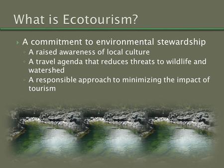  A commitment to environmental stewardship ◦ A raised awareness of local culture ◦ A travel agenda that reduces threats to wildlife and watershed ◦ A.
