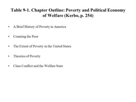 Table 9-1. Chapter Outline: Poverty and Political Economy of Welfare (Kerbo, p. 254) A Brief History of Poverty in America Counting the Poor The Extent.