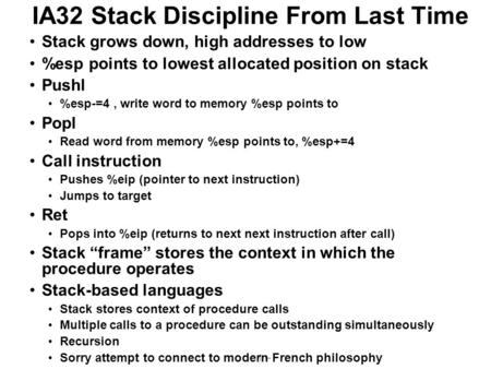 IA32 Stack Discipline From Last Time