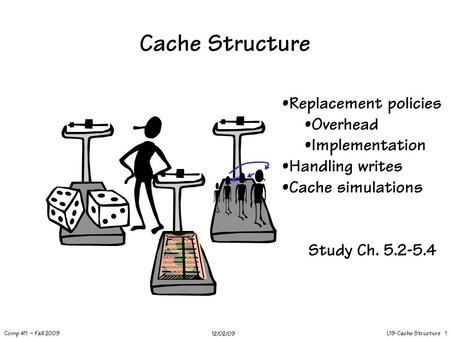 L19-Cache Structure 1 Comp 411 – Fall 2009 12/02/09 Cache Structure Replacement policies Overhead Implementation Handling writes Cache simulations Study.