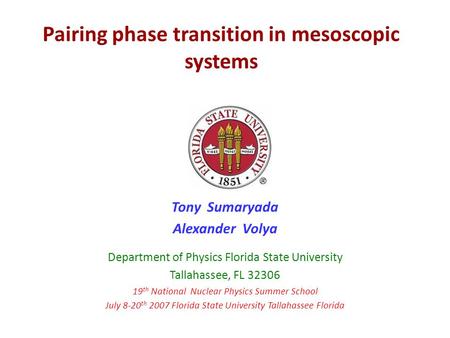Pairing phase transition in mesoscopic systems Tony Sumaryada Alexander Volya Department of Physics Florida State University Tallahassee, FL 32306 19 th.