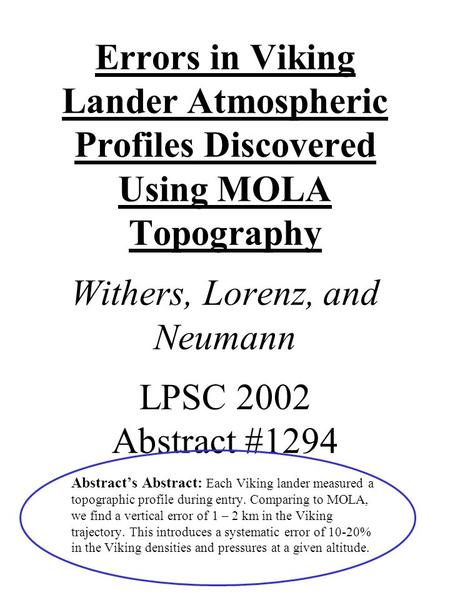 Errors in Viking Lander Atmospheric Profiles Discovered Using MOLA Topography Withers, Lorenz, and Neumann LPSC 2002 Abstract #1294 Abstract’s Abstract: