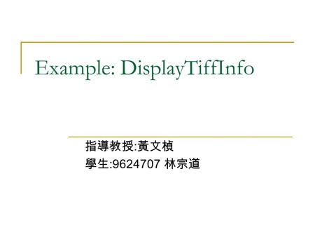Example: DisplayTiffInfo 指導教授 : 黃文楨 學生 :9624707 林宗道.