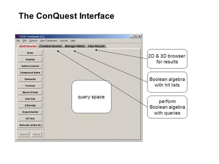 The ConQuest Interface query space perform Boolean algebra with queries Boolean algebra with hit lists 2D & 3D browser for results.