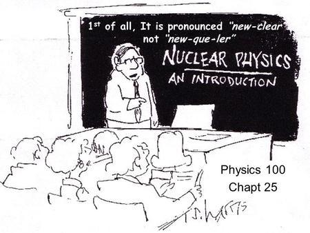 Nuclear Physics 1 st of all, It is pronounced “new-clear” not “new-que-ler” Physics 100 Chapt 25.