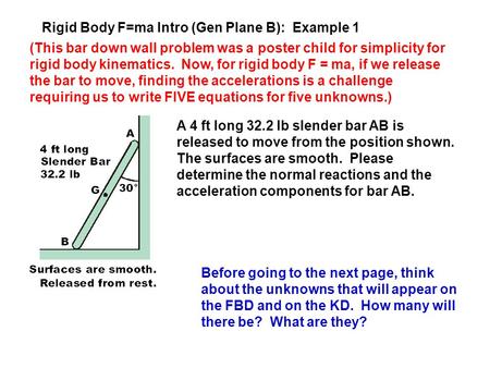 Rigid Body F=ma Intro (Gen Plane B):  Example 1