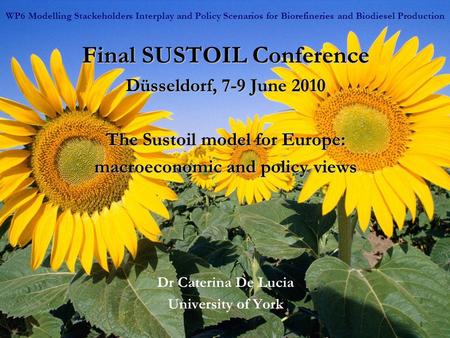 1 Final SUSTOIL Conference Düsseldorf, 7-9 June 2010 The Sustoil model for Europe: macroeconomic and policy views Dr Caterina De Lucia University of York.