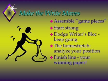Make the Write Moves Make the Write Moves u Assemble “game pieces” u Start strong u Dodge Writer’s Bloc - keep going u The homestretch: analyze your position.