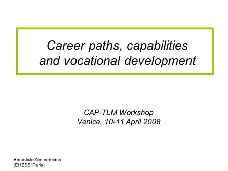 Bénédicte Zimmermann (EHESS, Paris) CAP-TLM Workshop Venice, 10-11 April 2008 Career paths, capabilities and vocational development.
