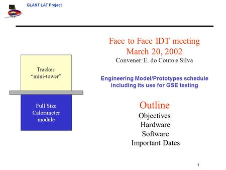 GLAST LAT Project 1 Tracker “mini-tower” Full Size Calorimeter module Face to Face IDT meeting March 20, 2002 Convener: E. do Couto e Silva Engineering.