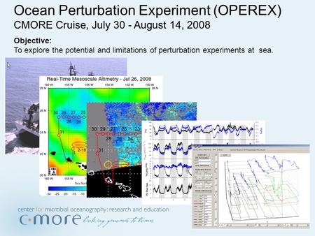 Ocean Perturbation Experiment (OPEREX) CMORE Cruise, July 30 - August 14, 2008 Objective: To explore the potential and limitations of perturbation experiments.