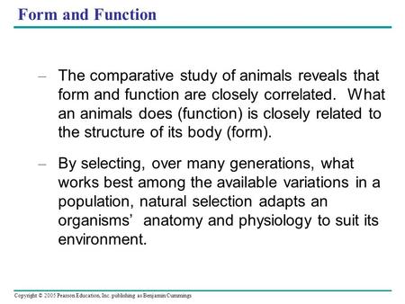 Form and Function The comparative study of animals reveals that form and function are closely correlated. What an animals does (function) is closely related.