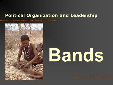 Bands Political Organization and Leadership. V.B.Modern Microcultures V.A.Modern Folk Societies IIII.States III.Chiefdoms II.Tribes I.Bands.