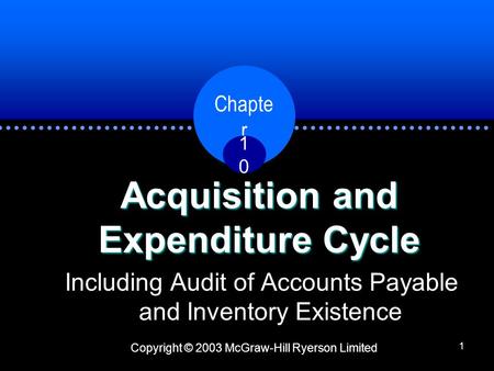 Copyright © 2003 McGraw-Hill Ryerson Limited Chapte r 1010 1 Acquisition and Expenditure Cycle Including Audit of Accounts Payable and Inventory Existence.