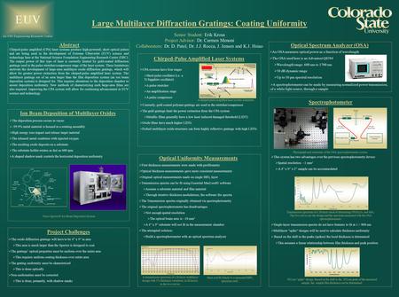 Large Multilayer Diffraction Gratings: Coating Uniformity Senior Student: Erik Krous Project Advisor: Dr. Carmen Menoni Collaborators: Dr. D. Patel, Dr.