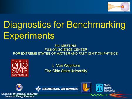 Diagnostics for Benchmarking Experiments L. Van Woerkom The Ohio State University University of California, San Diego Center for Energy Research 3rd MEETING.