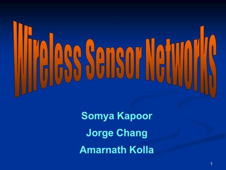 1 Somya Kapoor Jorge Chang Amarnath Kolla. 2 Agenda Introduction and Architecture of WSN –Somya Kapoor Security threats on WSN – Jorge Chang & Amarnath.