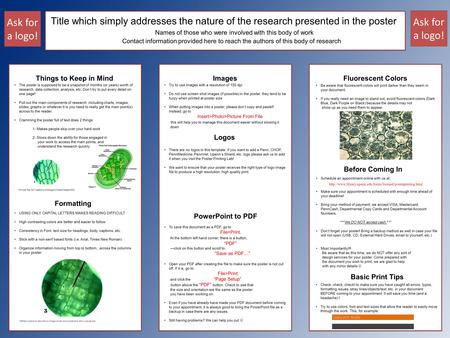 Things to Keep in Mind Formatting Title which simply addresses the nature of the research presented in the poster Names of those who were involved with.