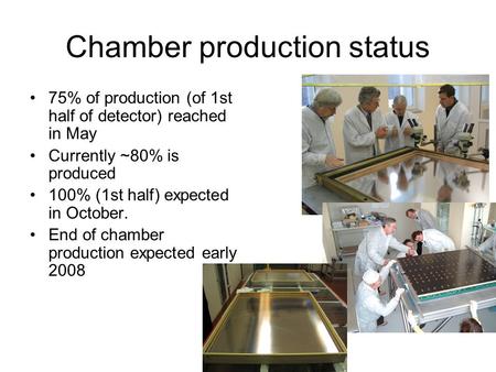 Chamber production status 75% of production (of 1st half of detector) reached in May Currently ~80% is produced 100% (1st half) expected in October. End.