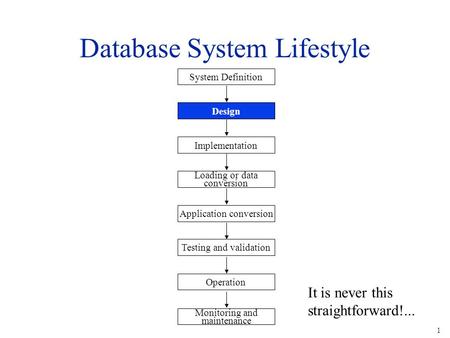 1 Database System Lifestyle System Definition Implementation Loading or data conversion Application conversion Testing and validation Operation Monitoring.
