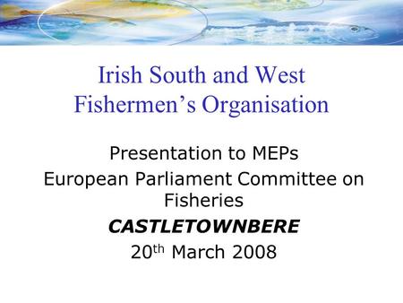 Irish South and West Fishermen’s Organisation Presentation to MEPs European Parliament Committee on Fisheries CASTLETOWNBERE 20 th March 2008.