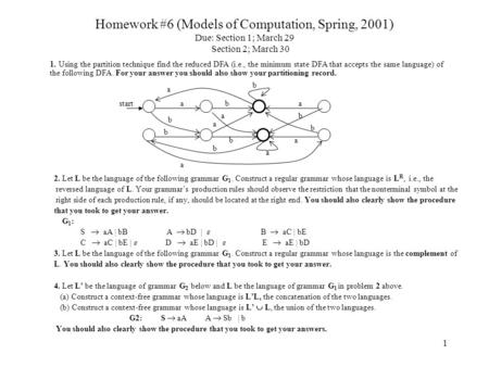 1 Homework #6 (Models of Computation, Spring, 2001) Due: Section 1; March 29 Section 2; March 30 2. Let L be the language of the following grammar G 1.