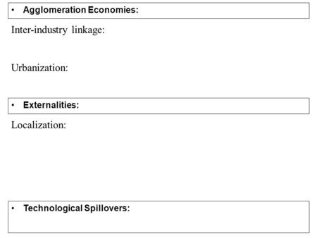 Inter-industry linkage: Urbanization: Localization: Agglomeration Economies: Technological Spillovers: Externalities: