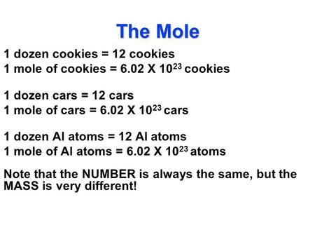 The Mole 1 dozen cookies = 12 cookies 1 mole of cookies = 6.02 X 10 23 cookies 1 dozen cars = 12 cars 1 mole of cars = 6.02 X 10 23 cars 1 dozen Al atoms.
