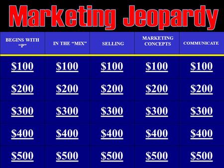 $100 BEGINS WITH “P” IN THE “MIX” SELLING MARKETING CONCEPTS $200 $500 $400 $300 $100 $200 $300 $400 $500 $100 $200 $300 $400 $500 $100 $200 $300 $400.