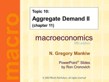 Macroeconomics fifth edition N. Gregory Mankiw PowerPoint ® Slides by Ron Cronovich CHAPTER ELEVEN Aggregate Demand II macro © 2002 Worth Publishers, all.