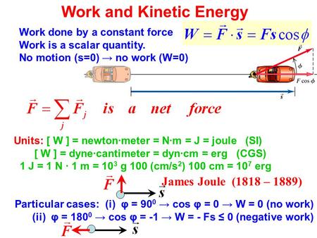 Work and Kinetic Energy Work done by a constant force Work is a scalar quantity. No motion (s=0) → no work (W=0) Units: [ W ] = newton·meter = N·m = J.