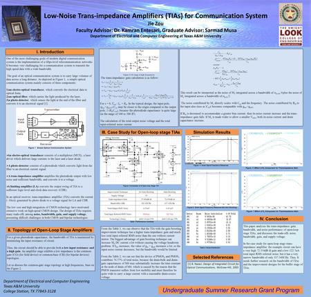 Low-Noise Trans-impedance Amplifiers (TIAs) for Communication System Jie Zou Faculty Advisor: Dr. Kamran Entesari, Graduate Advisor: Sarmad Musa Department.