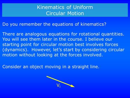 Kinematics of Uniform Circular Motion Do you remember the equations of kinematics? There are analogous equations for rotational quantities. You will see.