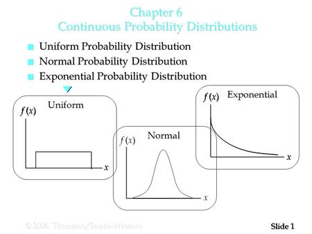 1 1 Slide © 2006 Thomson/South-Western Chapter 6 Continuous Probability Distributions n Uniform Probability Distribution n Normal Probability Distribution.