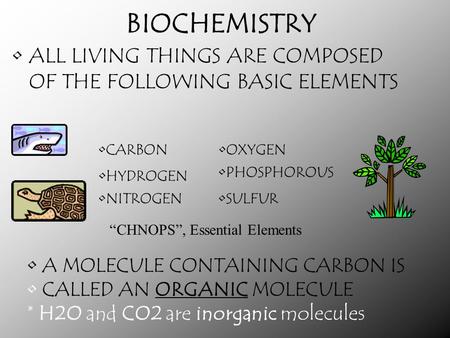 BIOCHEMISTRY ALL LIVING THINGS ARE COMPOSED OF THE FOLLOWING BASIC ELEMENTS CARBON OXYGEN PHOSPHOROUS HYDROGEN NITROGEN SULFUR “CHNOPS”, Essential Elements.