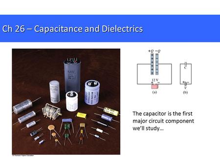 Ch 26 – Capacitance and Dielectrics The capacitor is the first major circuit component we’ll study…