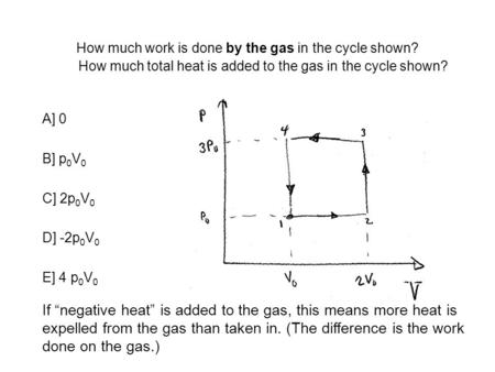 How much work is done by the gas in the cycle shown? A] 0 B] p 0 V 0 C] 2p 0 V 0 D] -2p 0 V 0 E] 4 p 0 V 0 How much total heat is added to the gas in the.