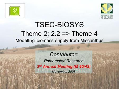 Contributor: Rothamsted Research 3 rd Annual Meeting (M 40/42) November 2008 TSEC-BIOSYS Theme 2; 2.2 => Theme 4 Modelling biomass supply from Miscanthus.