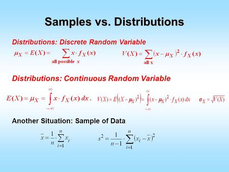 Samples vs. Distributions Distributions: Discrete Random Variable Distributions: Continuous Random Variable Another Situation: Sample of Data.