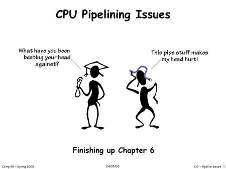 L18 – Pipeline Issues 1 Comp 411 – Spring 2008 04/03/08 CPU Pipelining Issues Finishing up Chapter 6 This pipe stuff makes my head hurt! What have you.