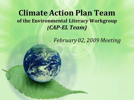 Climate Action Plan Team of the Environmental Literacy Workgroup ( CAP-EL Team) February 02, 2009 Meeting.