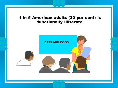 CATS AND DOGS 1 in 5 American adults (20 per cent) is functionally illiterate.