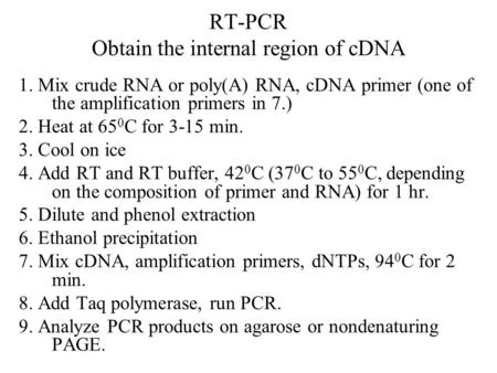 RT-PCR Obtain the internal region of cDNA 1. Mix crude RNA or poly(A) RNA, cDNA primer (one of the amplification primers in 7.) 2. Heat at 65 0 C for 3-15.