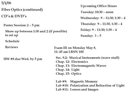5/1/06 Fiber Optics (continued) CD’s & DVD’s Poster Session: 2 – 5 pm Show up between 1:30 and 2 (if possible) to set up Schedule Reviews HW #8 due Wed.
