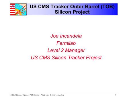 US CMS Silicon Tracker – PAC Meeting – FNAL - Nov 3, 2000 - Incandela 1 US CMS Tracker Outer Barrel (TOB) Silicon Project Joe Incandela Fermilab Level.