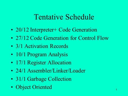 Tentative Schedule 20/12 Interpreter+ Code Generation 27/12 Code Generation for Control Flow 3/1 Activation Records 10/1 Program Analysis 17/1 Register.